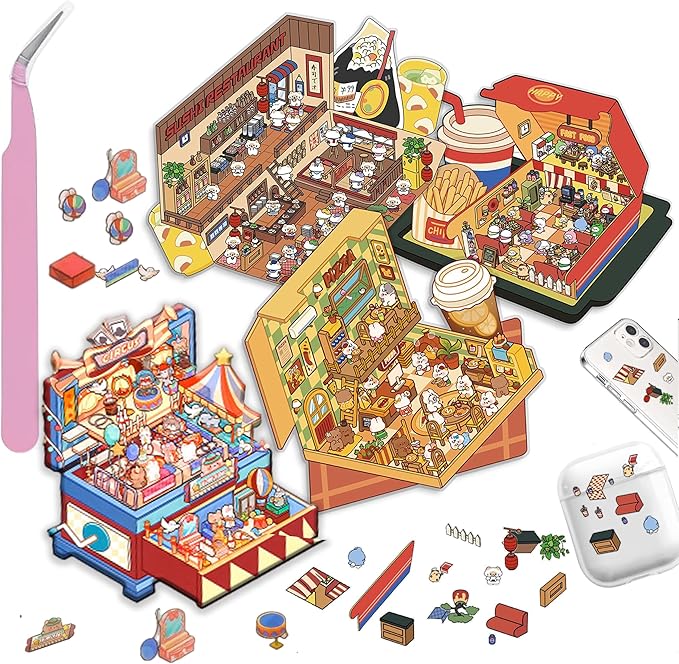DIY 3D House Stickers Kit - 4 Sets Food Theme & Cartoon Scenes for Adults, Creative Art for Stress Relief, Pass The Time,Home Decoration, Relaxation Gifts