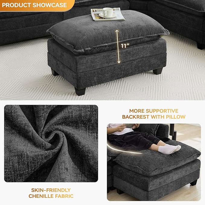 35‘’ Modern Chenille Cloud Sofa Ottoman,Rectangle Ottoman for Modular Sectional Sofa, Dark Grey