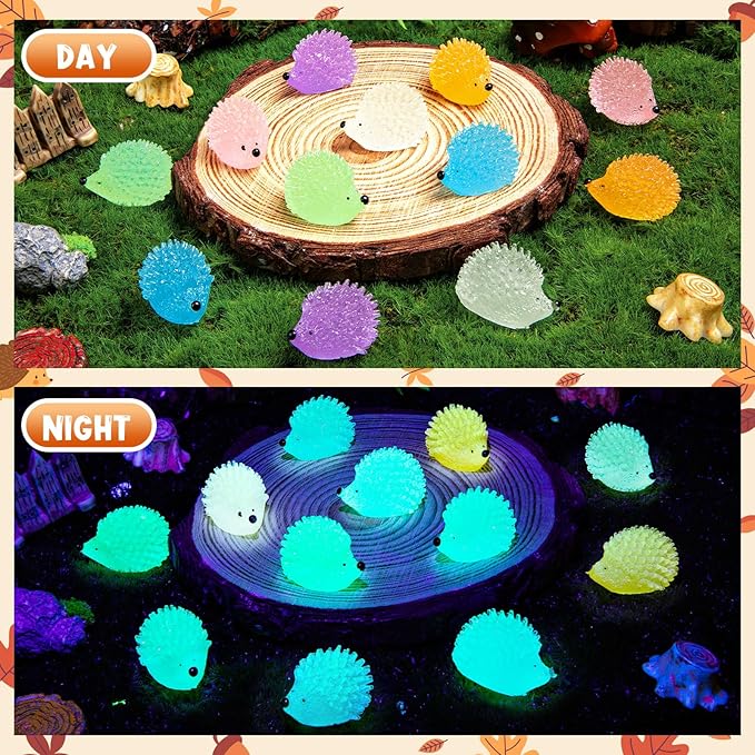 120PCS Luminous Mini Resin Hedgehogs Cute Miniature Hedgehog Figures Glow in The Dark, Tiny Resin Hedgehogs Animals for Dollhouse Micro Landscape DIY Home Outdoor Decor