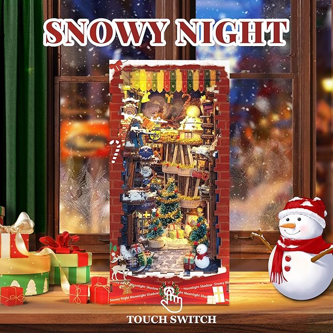 Christamas Book Nooks DIY Dollhouse Kit for Adults Bookshelf Decor with LED Lights 3D Wooden Puzzle Model Booknooks Kits Gifts for Family,Friends (Snowy Night)