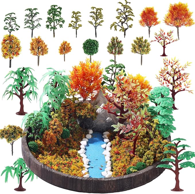 Canlierr 28 Pcs Miniature Model Trees for Diorama Mini Tiny Fake Plastic Fall Maple Trees with 40g Faux Moss for Villages, Craft, Model Train Autumn Scenery Accessories