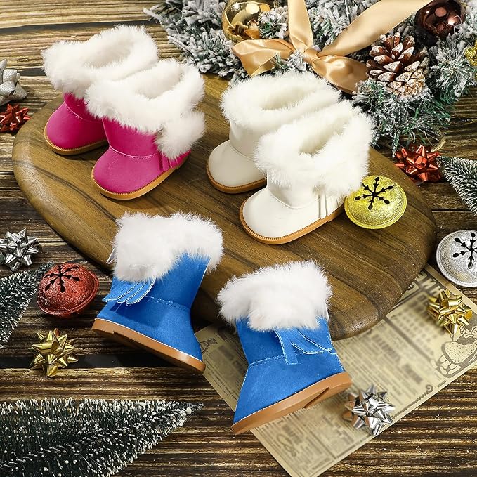 Bencailor 3 Pairs Doll Shoes 18 Inch Doll Boots Winter Dolls Snow Boots Christmas Accessories for Dress up(Blue White Rose Red)