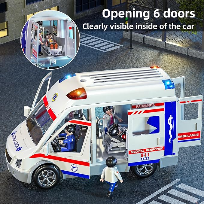 Play Ambulance Toy for Kids 3 4 5 6 7 8 Years Old - Friction Powered Truck with Light and Sound, Carrier Vehicle with Figures Toys, Gifts for Boys Girls Age 3-12