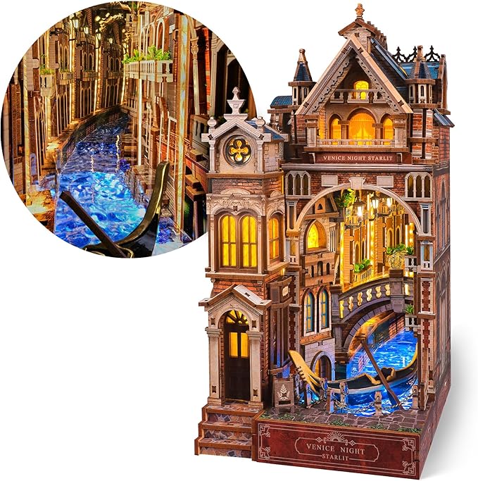Venice Night Starlit Book Nook Kit – LED 3D Wood Puzzle with Infinity Mirror – DIY Bookshelf Decor, Miniature Craft Gift for Kids and Adults