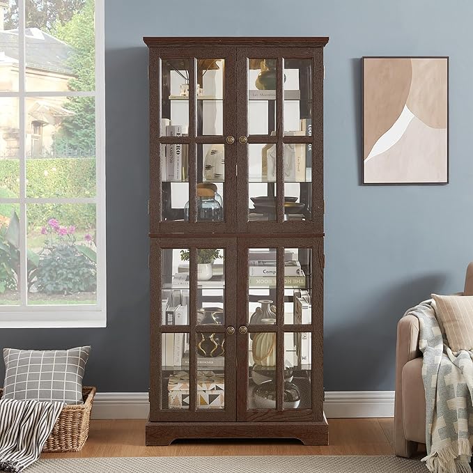 68" H Glass Curio Display Cabinet with Light, 6-Tier Wooden Storage Showcase w/ 4 Glass Doors & Adjustable Shelves, Vintage Accent Cabinet w/Mirrored Back Pane for Home & Office (Cherry)