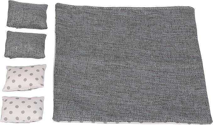 Dollhouse Bedding, 5 Piece Set with Comforter & Pillows, Blanket, Realistic Bedroom Accessories for 6 inch Dolls, 1/12 Scale, Gray and White Linen