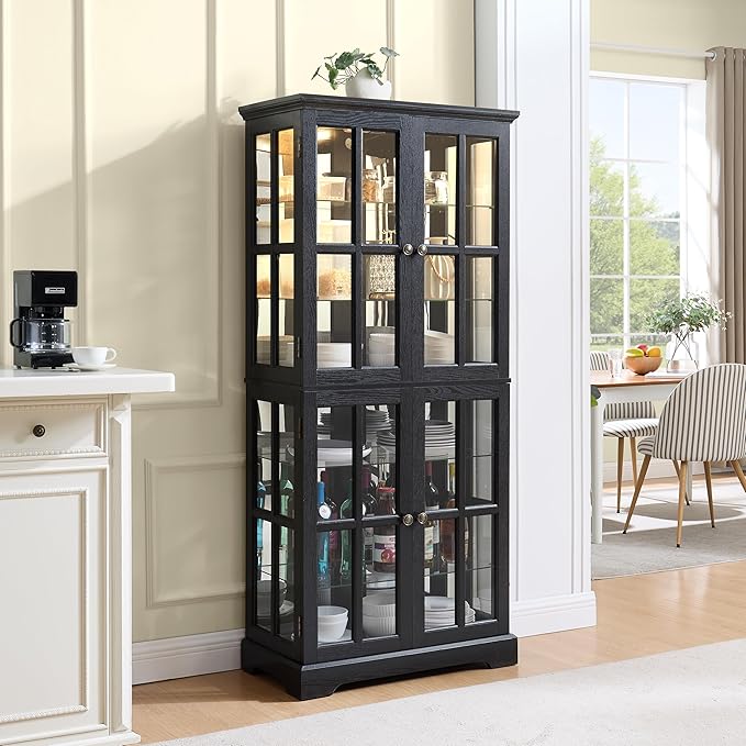 68" H Glass Curio Display Cabinet with Light, 6-Tier Wooden Storage Showcase w/ 4 Glass Doors & Adjustable Shelves, Vintage Accent Cabinet w/Mirrored Back Pane for Home & Office (Black)