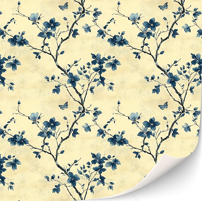3 Sheets Self-Adhesive Wallpaper for Dollhouses - Art Deco Wallpaper (Blue Sepia Flowers) Scale 1:12