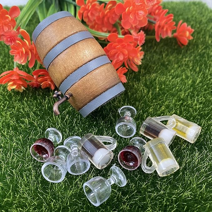 Cayway Miniature Drink Set - 8 PCS Accessories, 1 PCS Wooden Beer Barrel, White & Beer Glasses for Fairy Garden Pub Bar Decoration