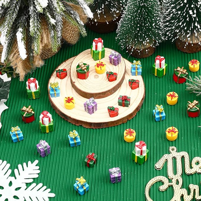 56 Pcs Mini Resin Presents,Christmas Figurines Miniature Boxes Tiny Gift Box Figurines Mini Christmas Ornaments for Xmas DIY Craft Tree Village Dollhouse Decor