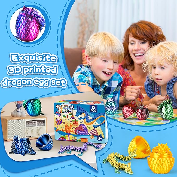 12PCS Easter Eggs 3D Printed Dragon Toys Eggs, Easter Basket Stuffers Fun Gifts, 3D Printing Toys for Kids, Fidget Toy for Adults Teens Boy Gifts Christmas Stocking Stuffers