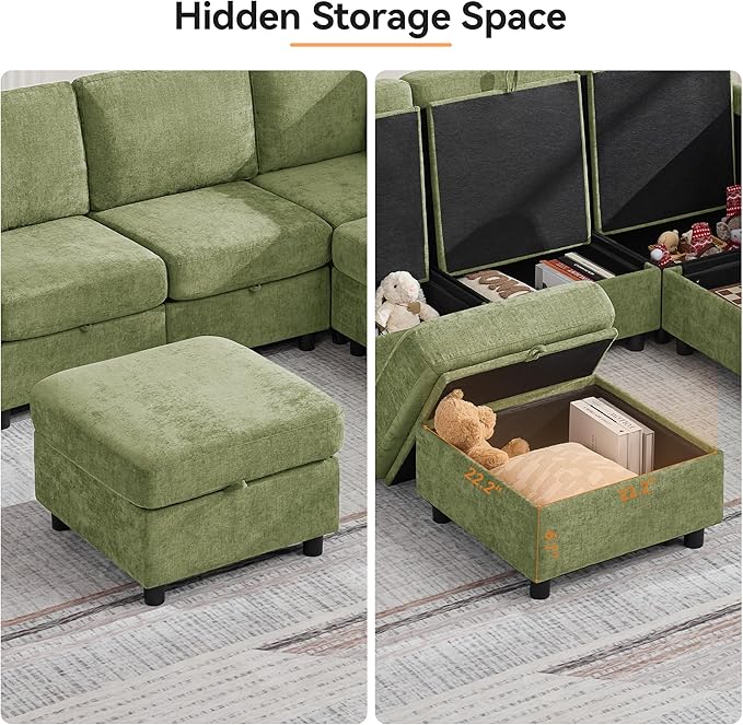 25" Square Storage Ottoman for Modular Sectional Sofa, Convertible Couch Footrest with Hidden Compartment, Chenille Upholstered Coffee Table & Extra Living Room Seating, Green