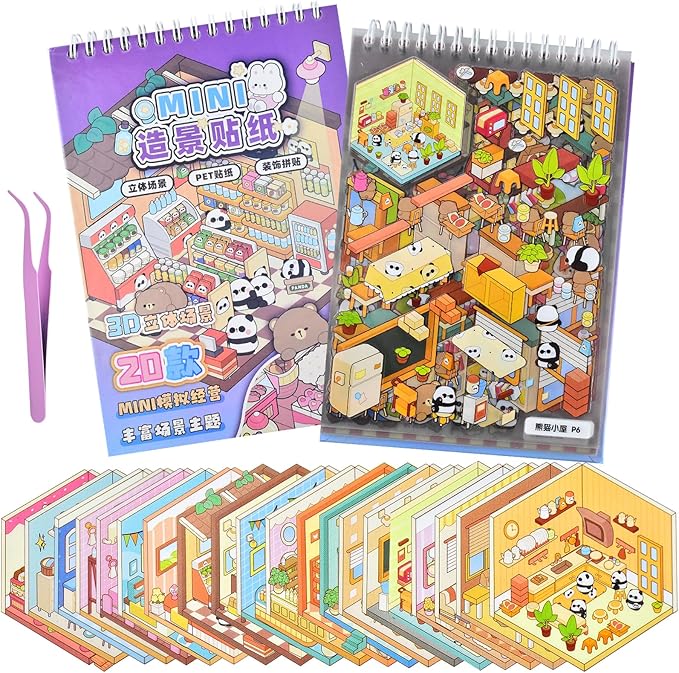DIY Mini Fun 3D Animal House Scene Stickers Book with Tweezers Make Your Own Bakery Shop Sticker Scenes Cute Micro Stickers for Relief Stress Pass The Time(20 Designs)
