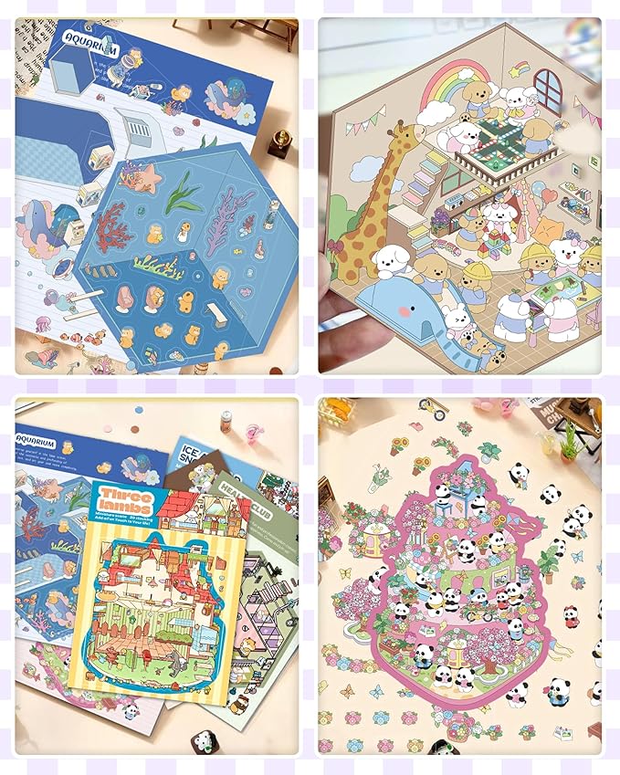 DIY 3D Sticker Scene 6 Sets of Stickers for Kids, Make Your Own Mini Room Scene Stickers for Girls,Cute Cartoon Animal Sticker Therapy for Adult,Relief Stress Pass The Time, Party Favors Christmas Fun