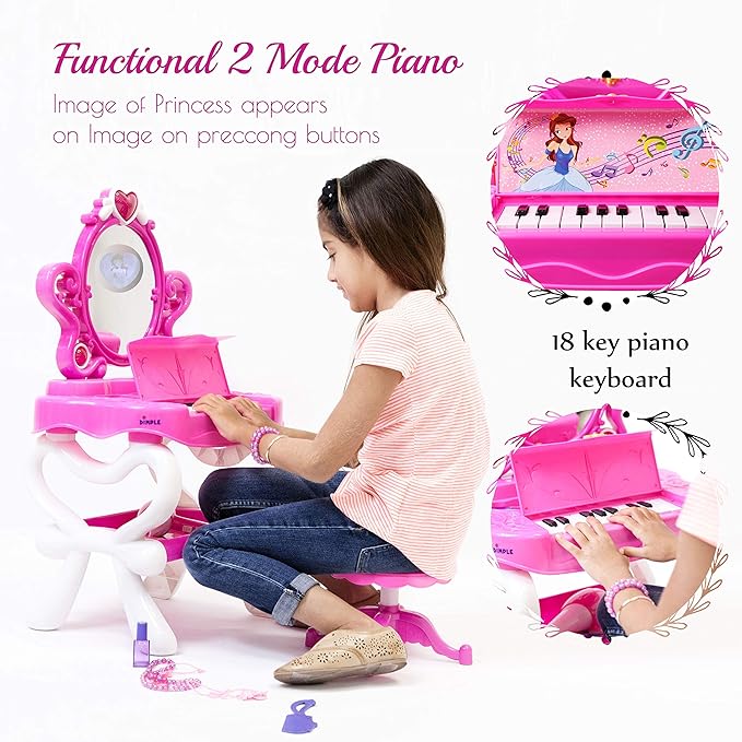 DIMPLE 2-in-1 Musical Piano Vanity Set Girls Toy Makeup Accessories Working Piano, Flashing Lights, Big Mirror, Pretend Cosmetics, Hair Dryer, Princess Image Appears in Mirror(7 AA Batteries Included)