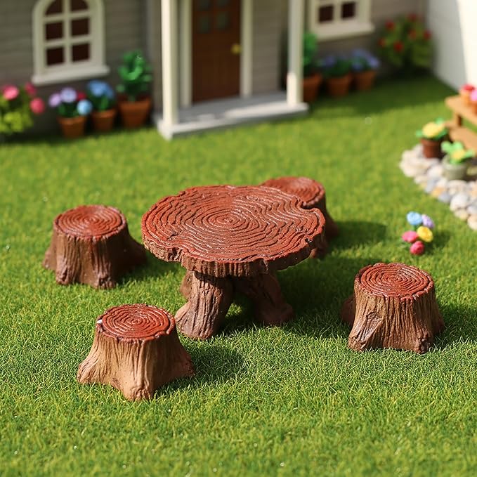 5Pcs Miniature Table and Chairs Set Fairy Garden Accessories, Mini Resin Village Furniture Ornaments Kit for DIY Craft Gift Dollhouse Succulents Home Outdoor Decoration