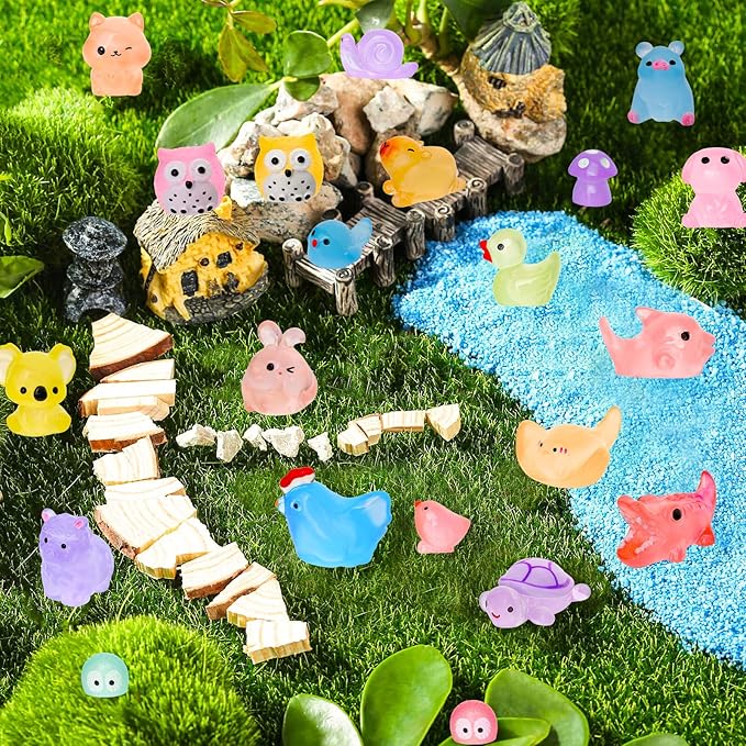 200pcs Luminous Mini Resin Animals 30 Types Miniature Resin Animal Figurines to Hide Bulk Glow in The Dark Tiny Ducks Frogs Small Cat Bunnies for Fairy Garden Micro Landscape Dollhouse Accessories