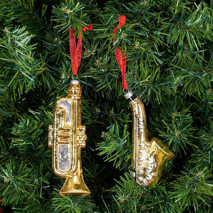 Every Day is Christmas Glass Blown Ornaments Cute Hand Made Figurines Tree Decoration, Set of 2 Trumpet and Saxophone