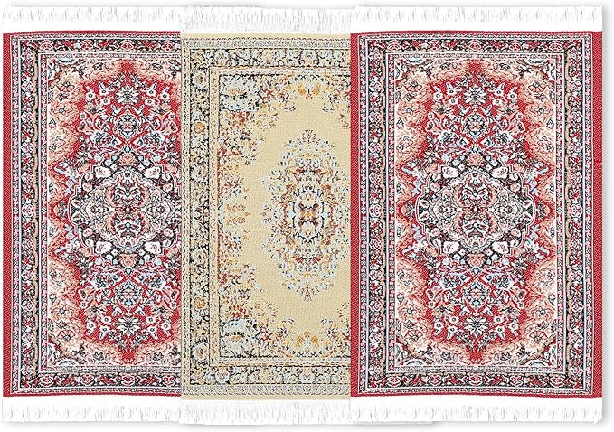Dollhouse Rug 2Pcs Miniature Accessories, 1:12 Vintage Woven Dollhouse Rugs, Mini Floral Print Carpet for Miniature Furniture Floor Decoration Accessory (Red, Yellow)