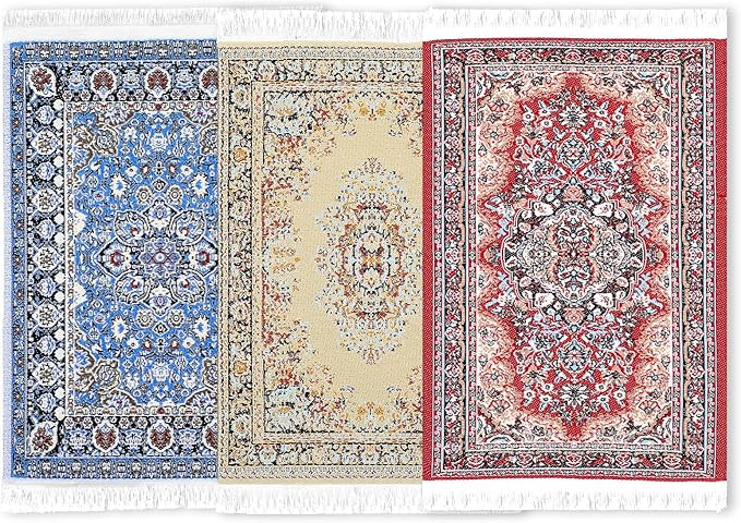 Dollhouse Rug 3 Pcs Miniature Accessories, 1:12 Vintage Woven Dollhouse Rugs, Mini Floral Print Carpet for Miniature Furniture Floor Decoration Accessory (Blue&Yellow&Red)