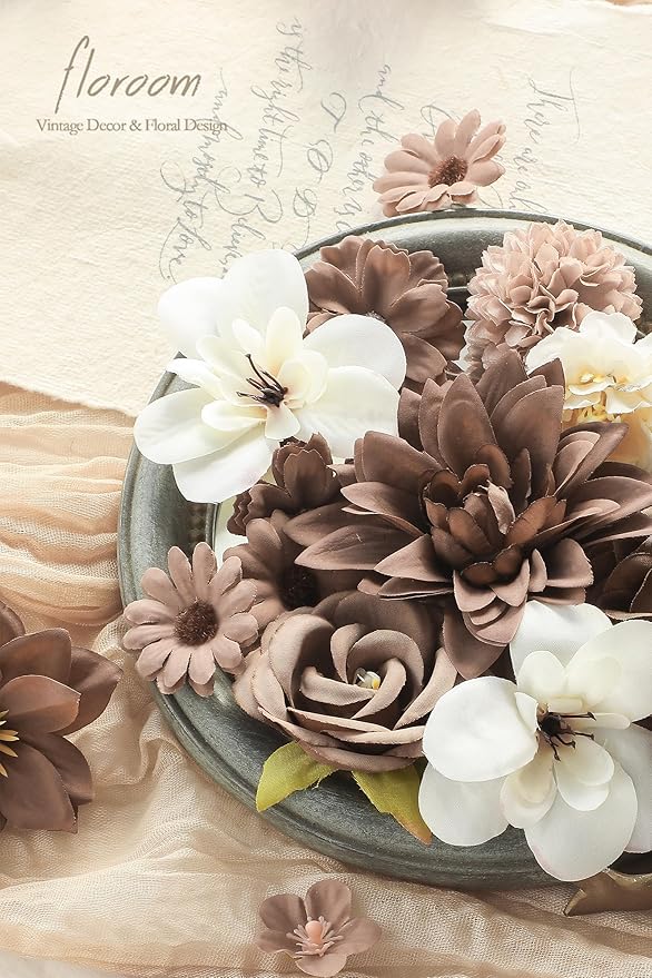 Floroom Mini Artificial Flower Heads Brown & Taupe Fake Peony Daisy Rose Multicolor Small Faux Silk Flower Heads for Cake Craft Garland Wedding Party Graduation Cap DIY Home Decoration, 0.8"-3.6"