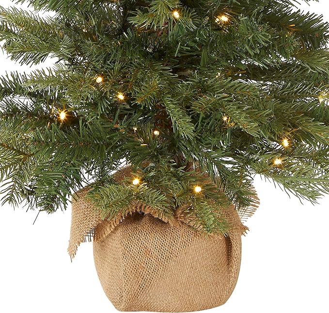 National Tree Company 3 ft Pre-Lit Nordic Spruce Mini Artificial Christmas Tree, Burlap Base, Red Bow, 50 Clear LED Lights, 363 Tips, Timer, Green