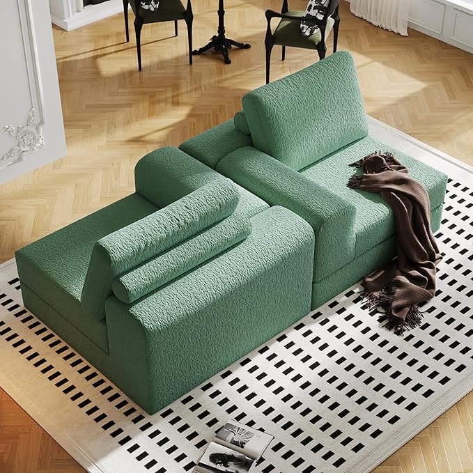 Cloud Modular Sectional Sofa, DIY Combination Modular Couch for Living Room, Unique Knitted Fabric Love Seat Couches with 2 Pillows, 2 Seater Comfy Sectional Couch with No Assembly (Green)