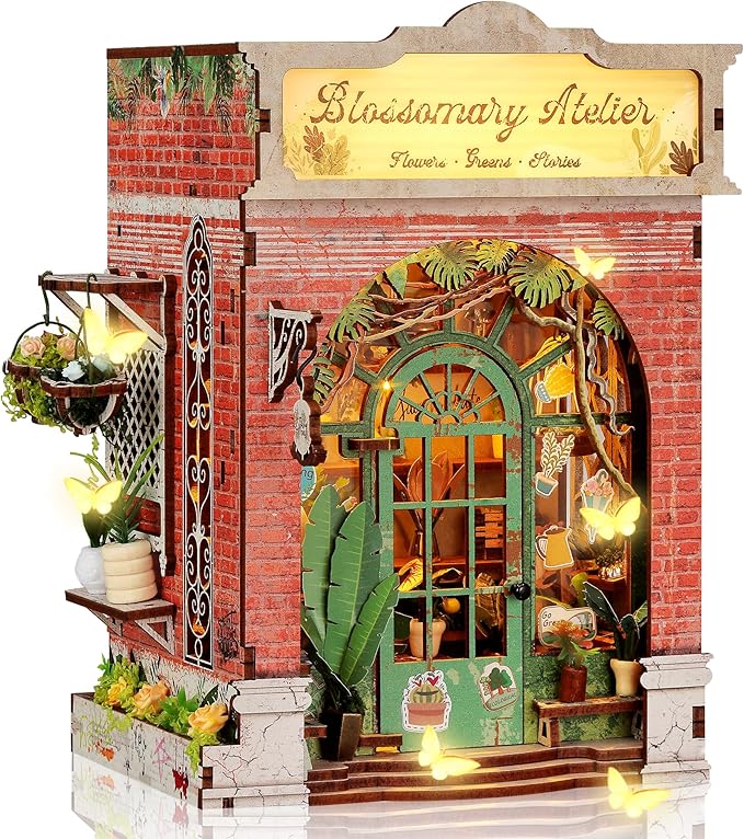3D Wooden Puzzle Miniature Dollhouse Kit – Flower Workshop Miniature Model with LED Lights – Home Decor DIY Creative Gifts for Adults and Teens (Blossomary Atelier)