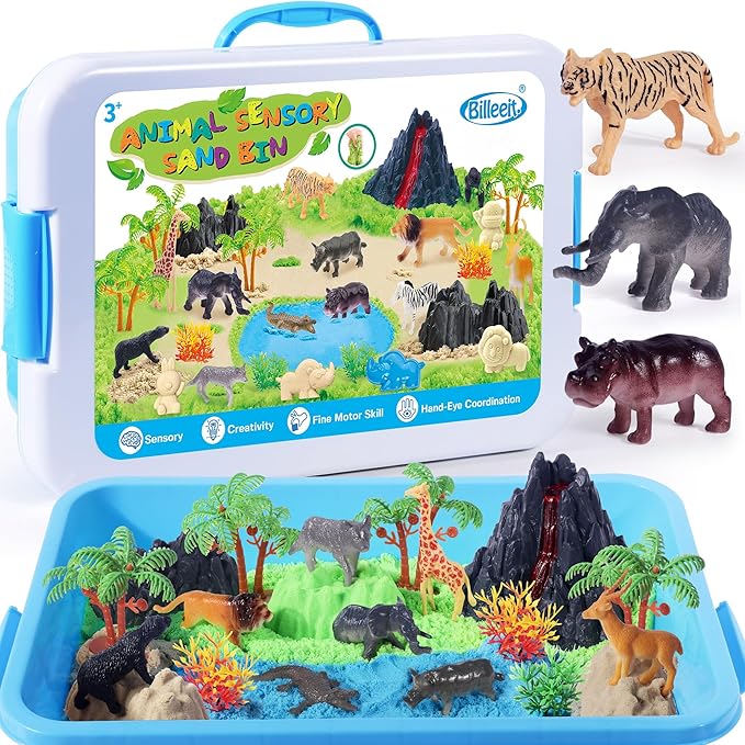 Billeeit Animal Sensory Bin Sand Toy, Play Sand Kit w/lid and 2.2lbs Moldable Sensory Sand, Molds, Tools, Map Set 35pcs Total, Fun Gift for Kids 3+