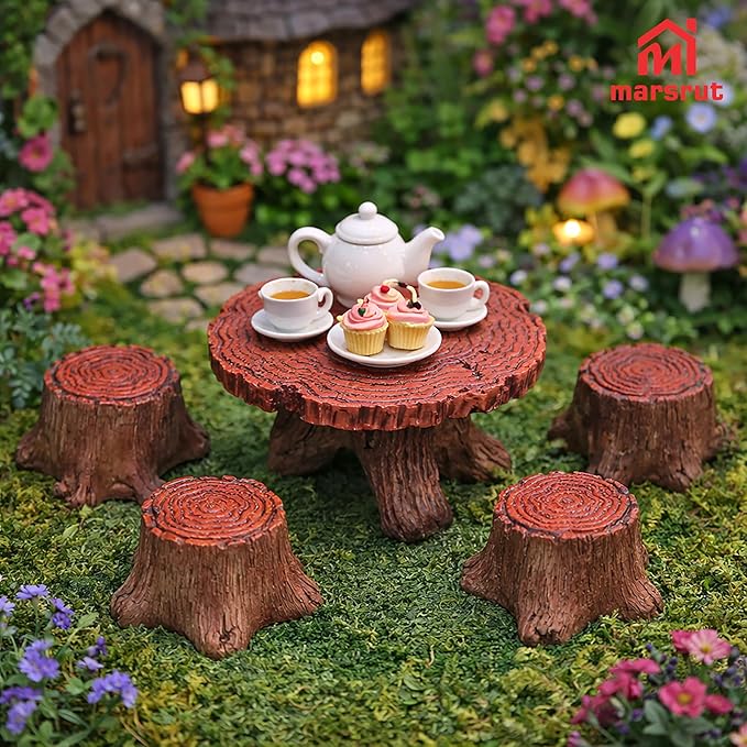 5Pcs Miniature Table and Chairs Set Fairy Garden Accessories, Mini Resin Village Furniture Ornaments Kit for DIY Craft Gift Dollhouse Succulents Home Outdoor Decoration