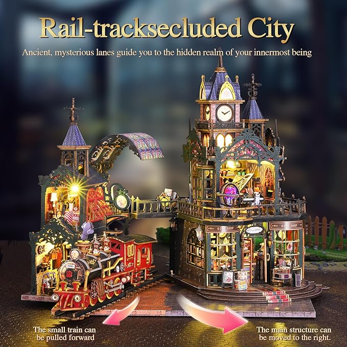 CRIOLPO DIY Miniature Dollhouse Kit: Dollhouse Kit for Adults Teens - 3D Wooden Puzzles mini House Building Kit with LED Light - Gifts for Family Friends (Rail-tracksecluded City)