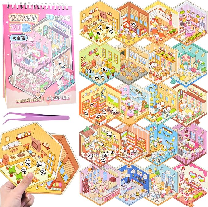 DIY Mini Fun 3D Animal House Scene Stickers Book with Tweezers Make Your Own Library Shop Sticker Scenes Cute Micro Stickers for Relief Stress Pass The Time(20 Designs)