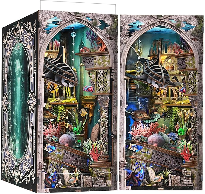 Book Nook Kit - DIY Miniature Dollhouse Kit for Adults and Teens, 3D Wooden Puzzle Bookend with LED Light, Creative Bookshelf Decor Gifts for Family and Friends (Lost City of Atlantis)
