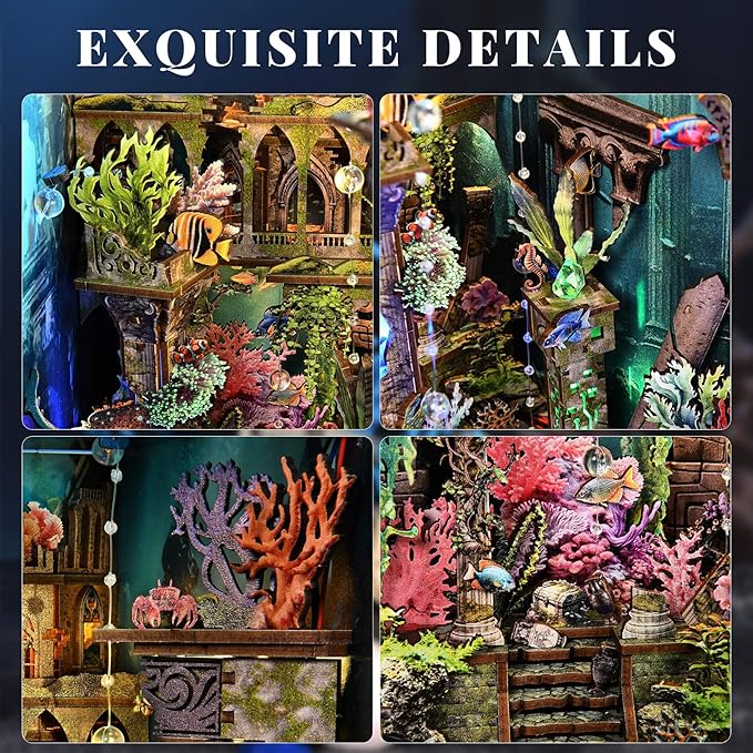 Book Nook Kit - DIY Miniature Dollhouse Kit for Adults and Teens, 3D Wooden Puzzle Bookend with LED Light, Creative Bookshelf Decor Gifts for Family and Friends (Lost City of Atlantis)
