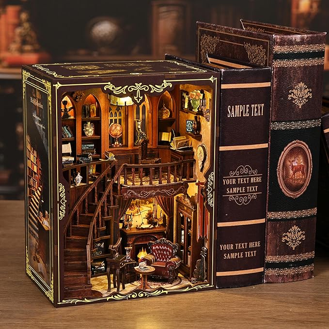 ISSEVE Book Nook Kit - DIY Miniature House Kit Book Nooks for Adults, Dollhouse Booknook Library Tiny House Bookshelf Decor 3D Wooden Puzzle Model Building Craft Kits Gift (Ancient Rhyme Library)
