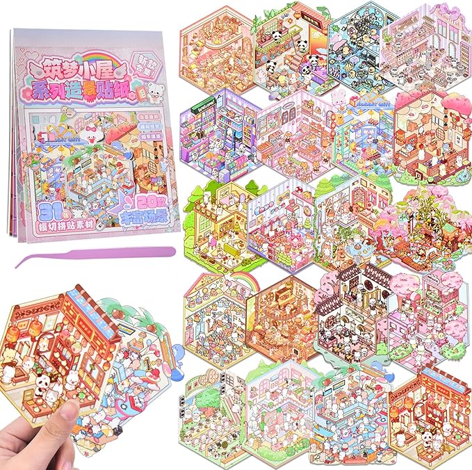 DIY 3D Fun Mini Animal House Scene Stickers Book with Tweezers Make Your Own Shop Amusement Park Sticker Scenes Cute Micro Stickers for Relief Stress Pass The Time(20 Designs)