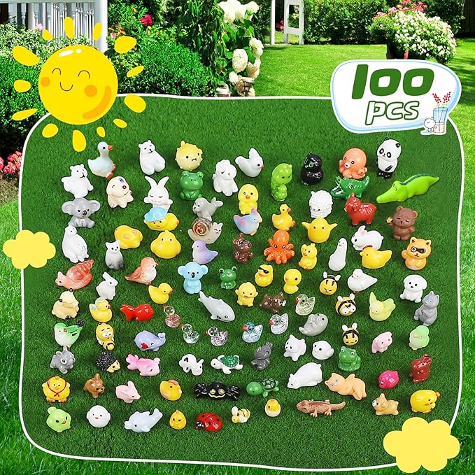 100 Pcs Mini Resin Animals to Hide Tiny Resin Animals 100 Styles Fairy Garden Decor Miniature Little Small Figurines Bulk for Accessories Micro Landscape Aquarium Potted Crafts Decoration Toys