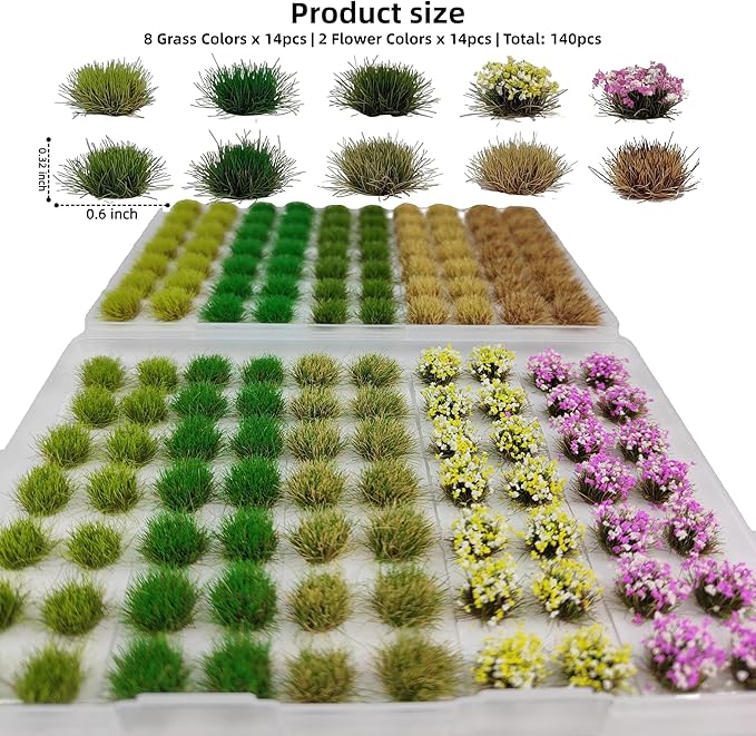 gdeplok 140 Pcs Static Grass Tufts & Miniature Flower Clusters - Artificial Grass Terrain Scenery Kit for Model Train Railway, Military Sand Table, DIY Diorama Landscape