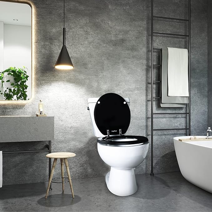 Black Round Toilet Seat Natural Wood Toilet Seat with Zinc Alloy Hinges, Easy to Install also Easy to Clean, Scratch Resistant Toilet Seat by Angol Shiold (Round, Black)