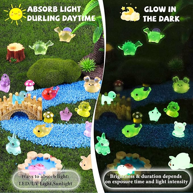 100PCS Mini Resin Animals Tiny Cute Figurines Glow in Dark, Miniature Figures to Hide, Little Animal Small Accessories for Topper Desk Garden Dollhouse Landscape Aquarium Ornaments Crafts & Decor