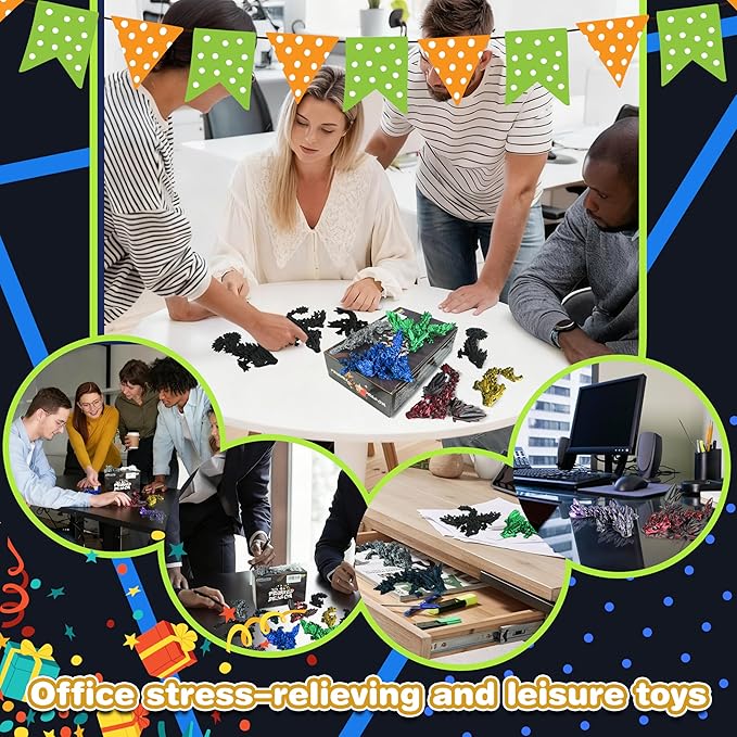 12PCS 3D Printed Dragon Set – Black Series Articulated Crystal Dragons, Cool Fidget Toys & Desk Decor, Unique 3D Printed Animals, Vibrant Gift for Teens, Adults, Party Favors