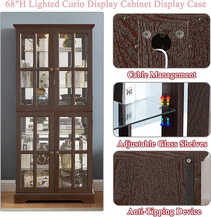 68" H Glass Curio Display Cabinet with Light, 6-Tier Wooden Storage Showcase w/ 4 Glass Doors & Adjustable Shelves, Vintage Accent Cabinet w/Mirrored Back Pane for Home & Office (Cherry)