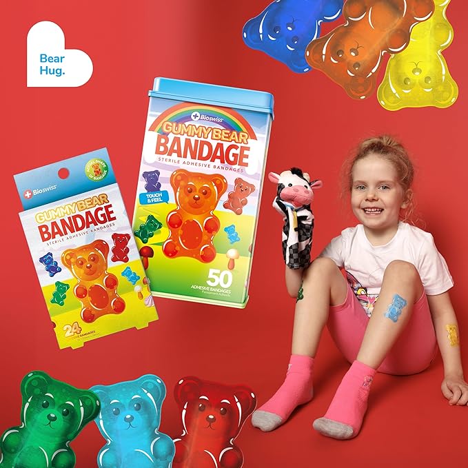 BioSwiss Bandages, Gummy Bear Shaped Self Adhesive Bandage Set, Latex Free, Sterile Wound Care, 24 Count