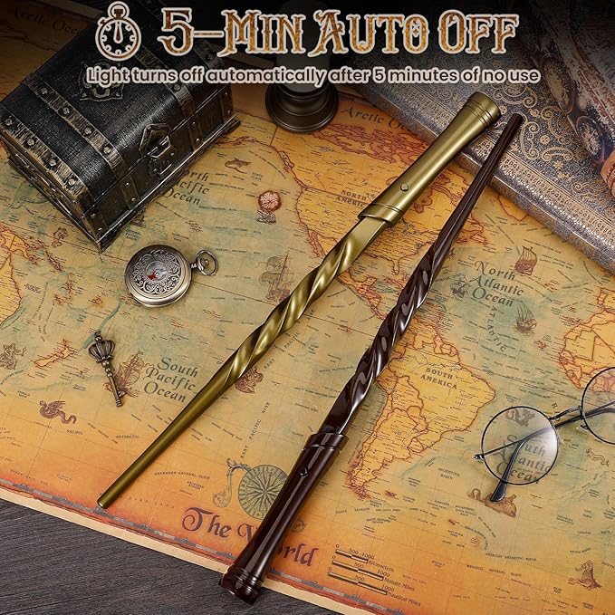 KingGlee Light Up Wizard Magic Wand Set with Sounds & 4 Light Modes – Illuminating Witch Wands for Kids Cosplay Birthday Gift, 2PCS, Brown & Golden