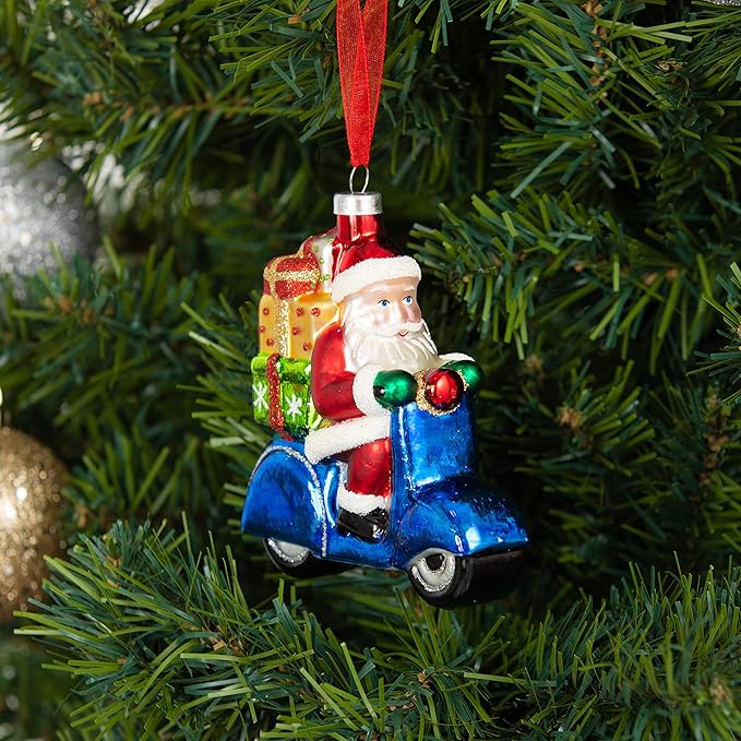 Every Day is Christmas Glass Blown Ornaments Cute Hand Made Figurines Tree Decoration, Motorcyle Santa