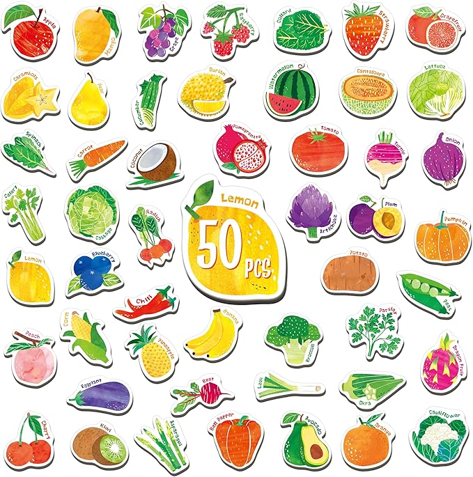 50 PCS Fruit & Vegetable Magnets, Adorable Magnetic Fruits Veggies Thick Fridge Magnets Cute Educational Learning Toys for Toddles Kids 1-2