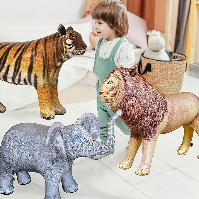 Jet Creations Life on Earth Wildlife Safari Inflatable, 3-PK, Lion, Tiger, Elephant, Realistic Animals for Party Decoration, Pool, Birthday, Jungle Photo Prop
