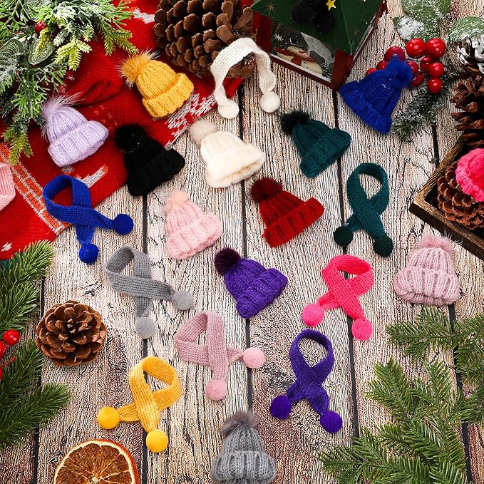 Bencailor 48 Pcs Mini Christmas Knitting Hats and Mini Christmas Scarf Set Knitting Doll Hat Scarf Santa Knit Hat Tree Ornaments for DIY Craft Art Doll Decoration (Mixed Color)