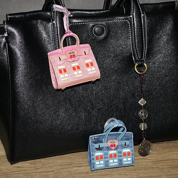 Buyborgood Women's 2 PCS Mini Tote Bag Charms Keychain Pouch Small Coin Purse Wallet (Peacock Blue + Pink)
