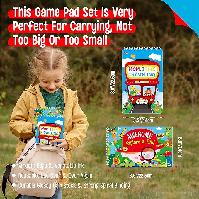 2 Travel Game Pads, 61 Dry Erase Activities Games Reusable & Erasable Book, Fun Explore & Find Brain Challenge Games Interesting Educational Toy and Learning Tool for Road Trip Airplane Travel